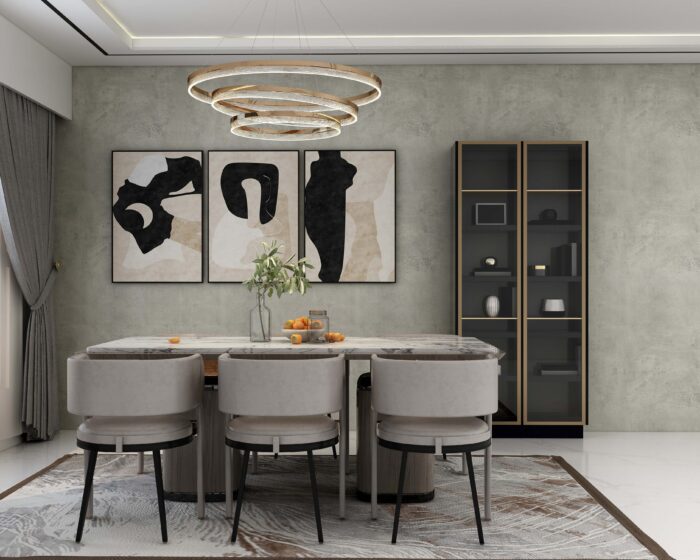 dining hall with a chair, table, cupbord and sketch images