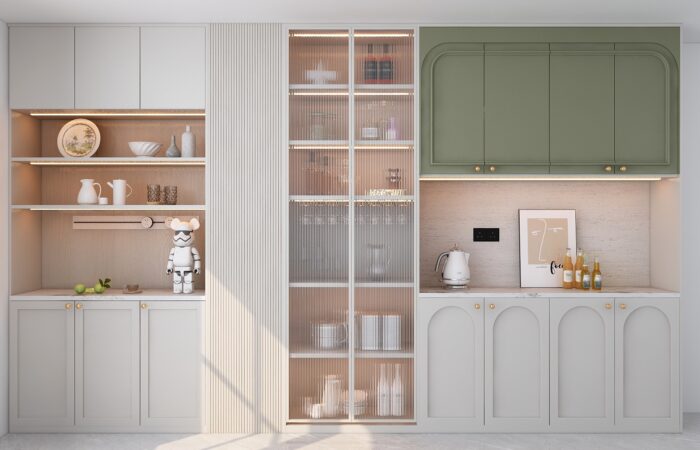 Dining with crockery unit in pastel theme