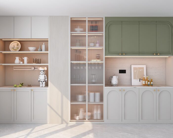 Dining with crockery unit in pastel theme