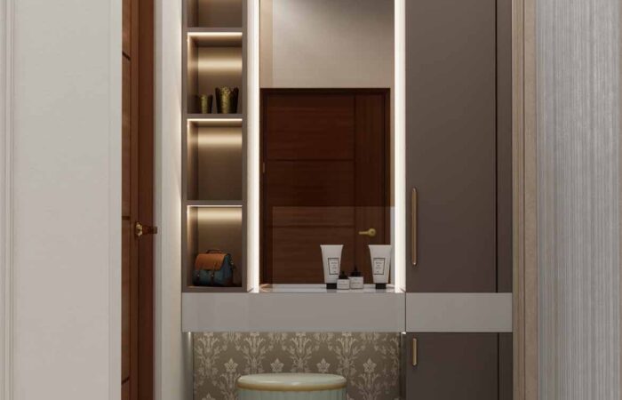 Dress area with mirror and storage units