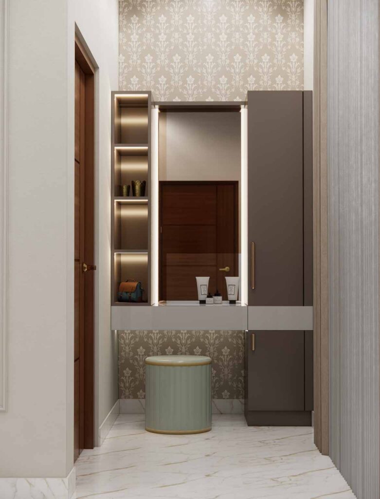 Dress area with mirror and storage units