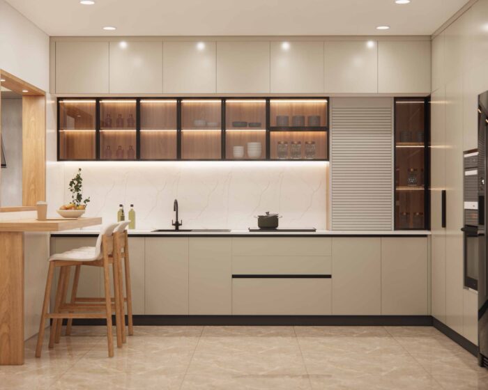 L-shape laminate and glass kitchen