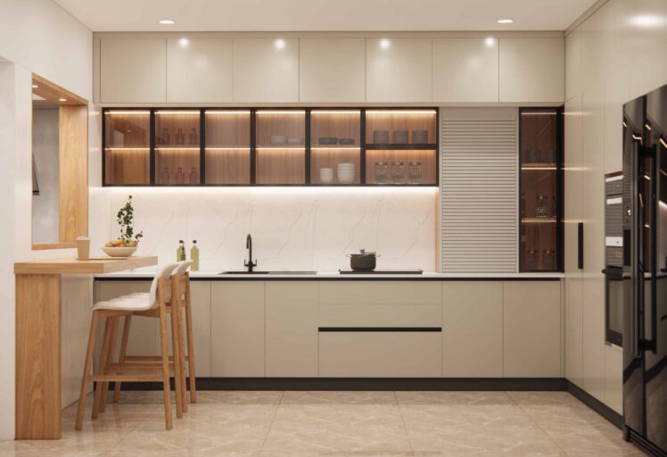 L-shape laminate and glass kitchen