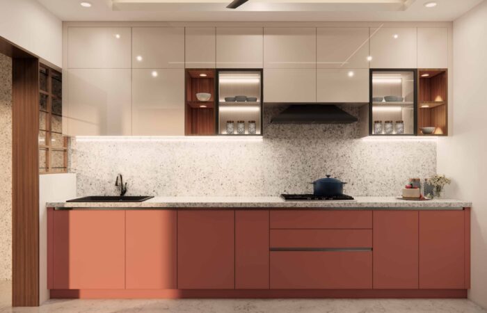 Parallel Kitchen in White and Red Laminates