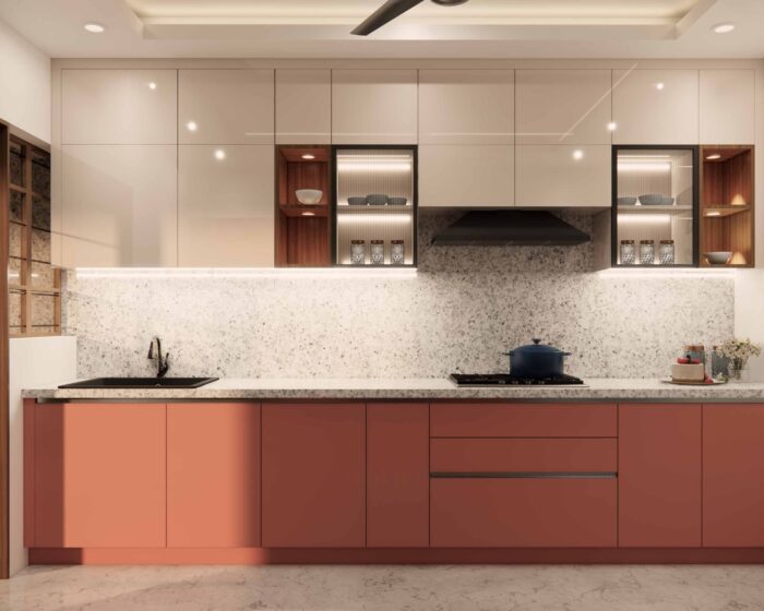 Parallel Kitchen in White and Red Laminates