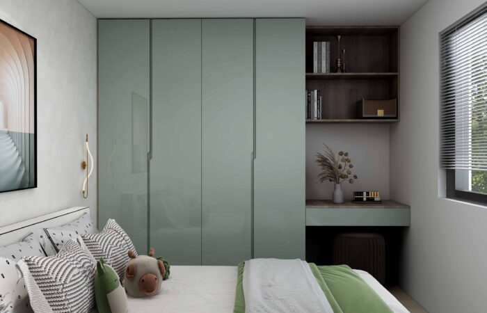 Pastel green and Walnut wood theme Bedroom