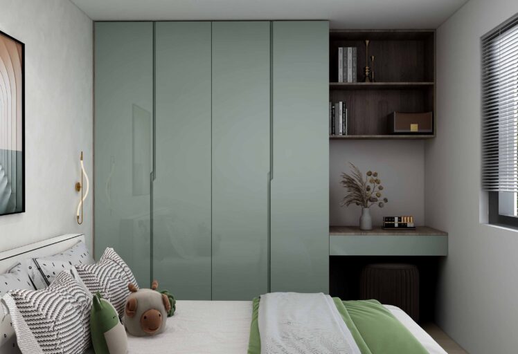 Pastel green and Walnut wood theme Bedroom