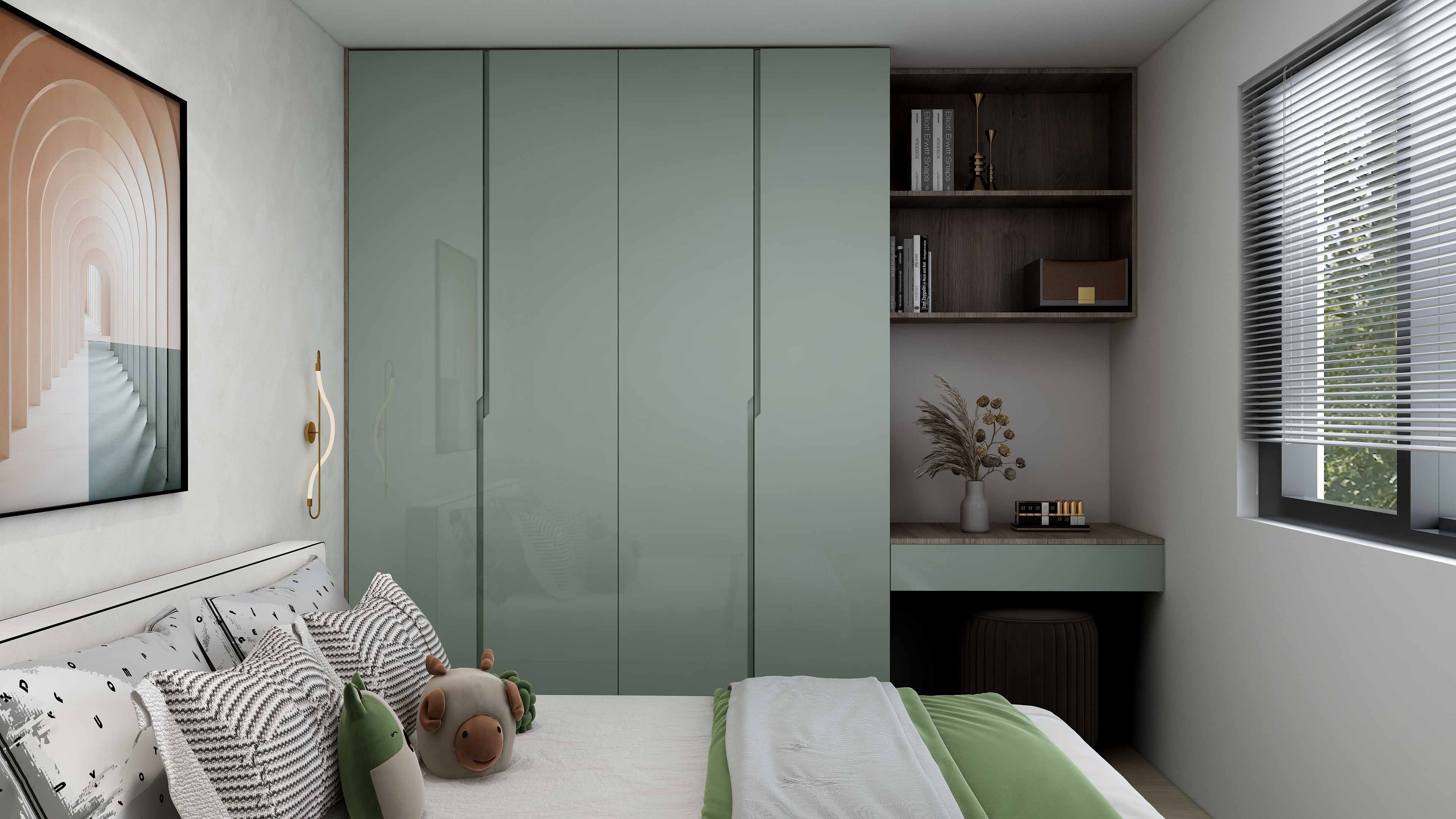 Pastel green and Walnut wood theme Bedroom