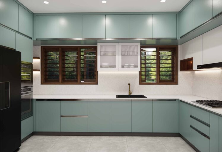 Sea-green and White kitchen with G-profile handles