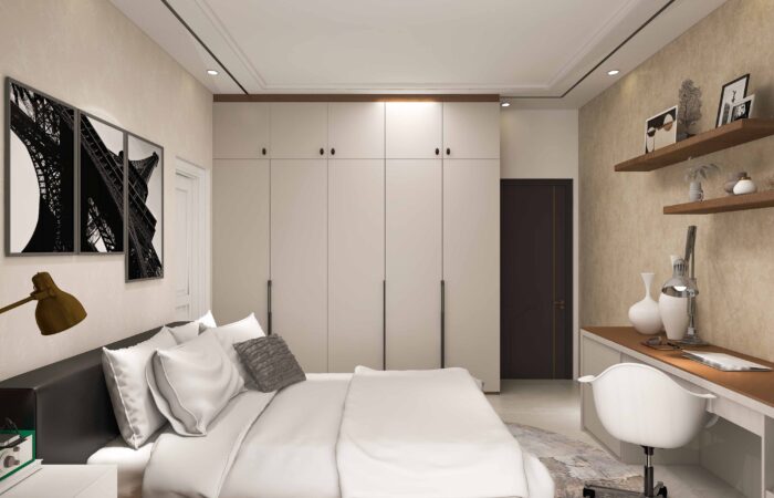 Swing Wardrobe with storage lofts in a white themed bedroom