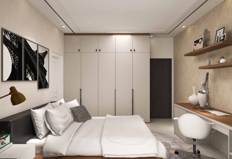 Swing Wardrobe with storage lofts in a white themed bedroom