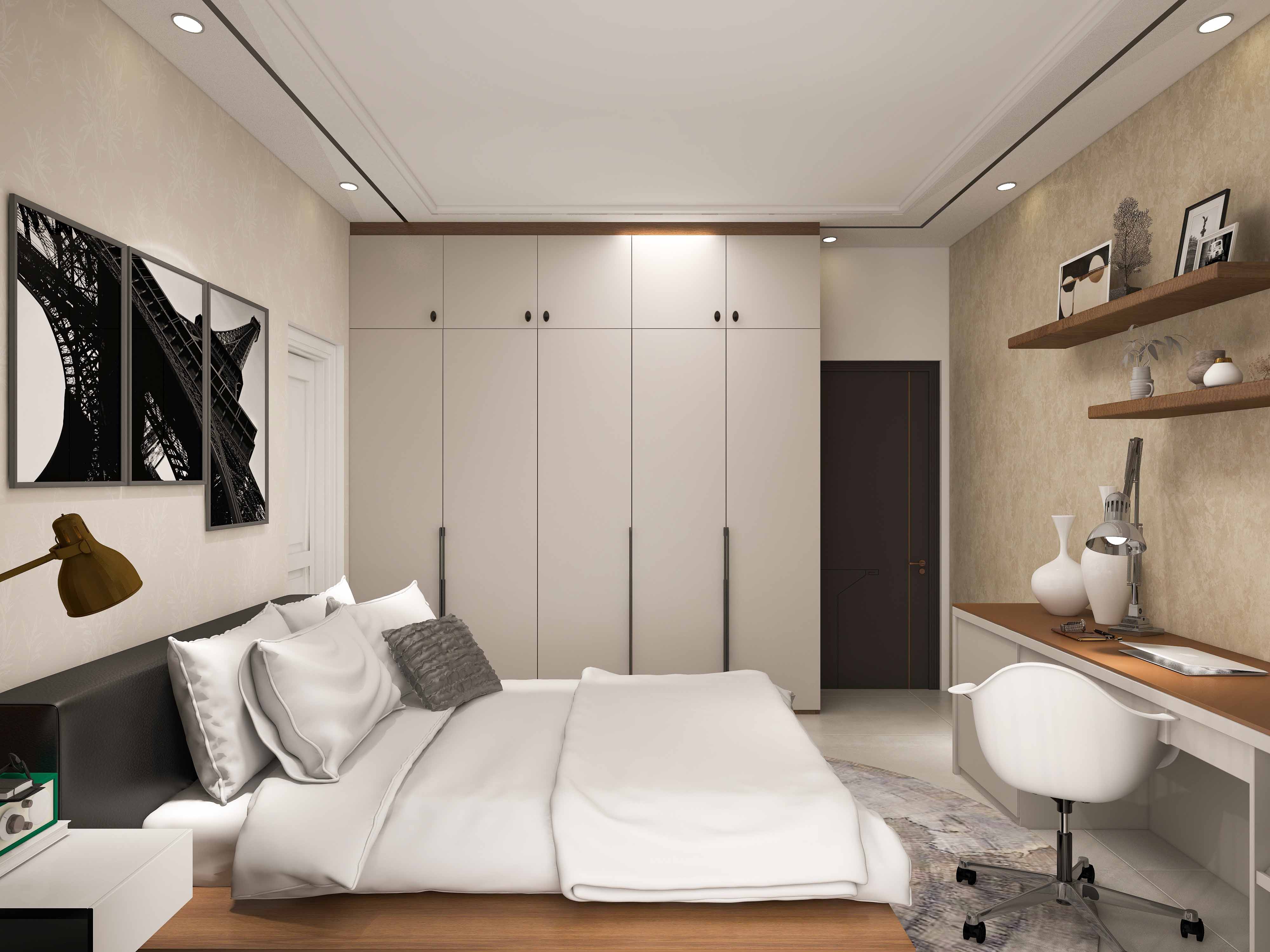 Swing Wardrobe with storage lofts in a white themed bedroom