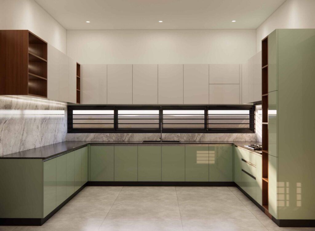 U-Shape Kitchen in Green & White