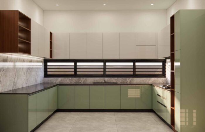 U-Shape Kitchen in Green & White