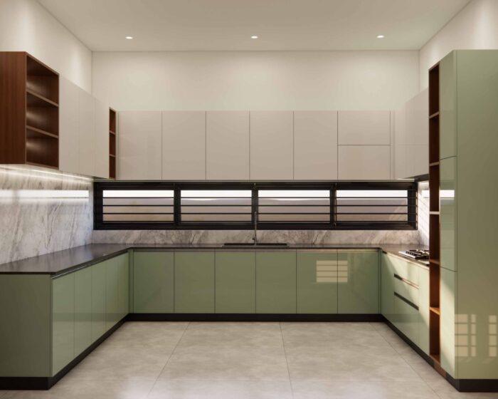 U-Shape Kitchen in Green & White