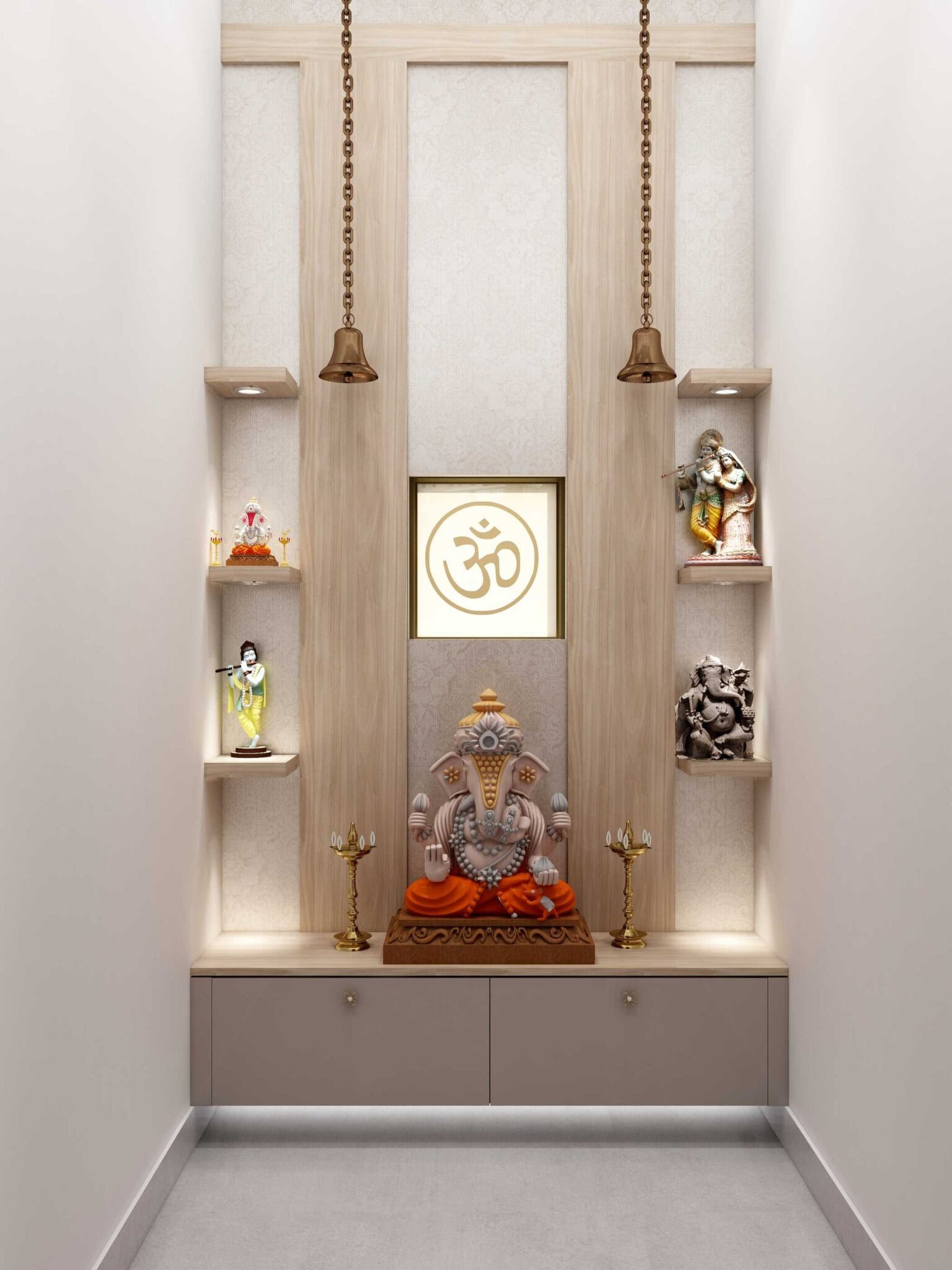 Pooja Unit With Racks Contemporary Pooja Unit with Drawers & Ledges